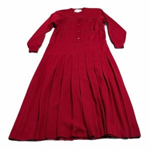 70s/80s Vintage Schrader Knit Wool Pleated Midi/Maxi Dress (Red) Size 14